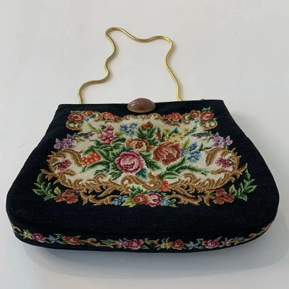 Vintage Floral Petit Point Rose Quartz Gold Filigree Embroidered Black Handbag - Picture 3 of 16